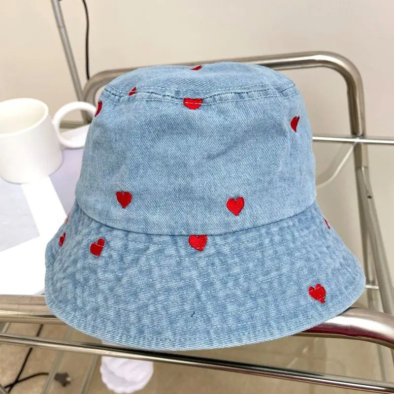 Women’s Embroidered Heart Denim Bucket Hat