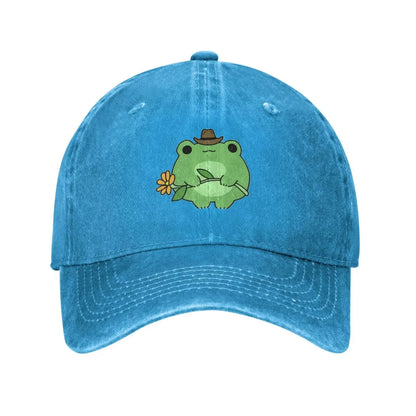 Cute Frog Flower Washed Denim Adjustable Baseball Cap