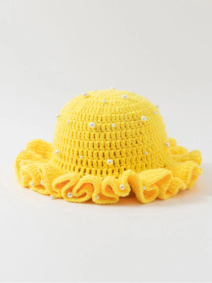 Women’s Pearl Ruffled Crochet Knit Bucket Hat
