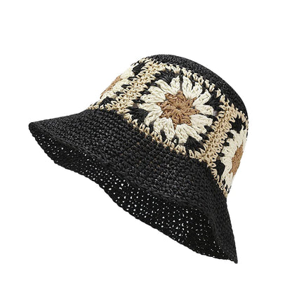 Handmade Crochet Flower Paper Straw Bucket Hat