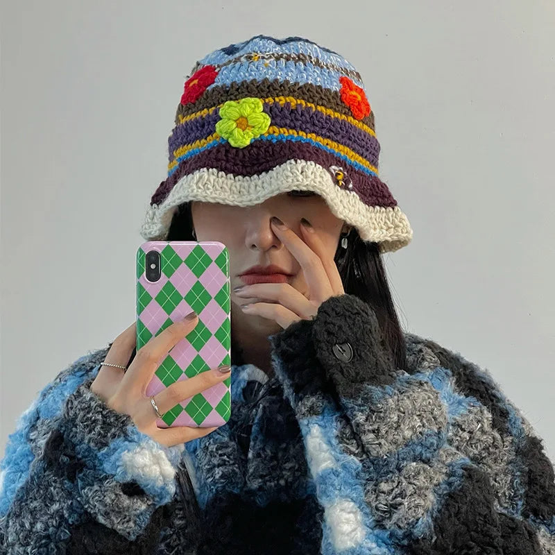 Korean Retro Flower Crochet Knitted Hollow Bucket Hat
