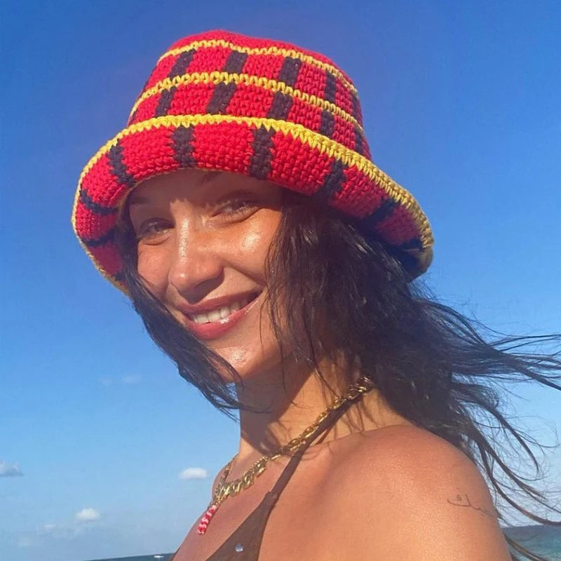 Japanese Korean Color Contrast Plaid Bucket Hat