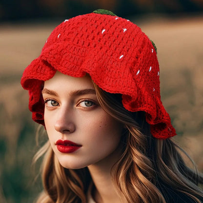 3D Strawberry Crochet Ruffle Bucket Hat