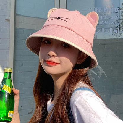 Kawaii Cat Ear Cotton Bucket Hat – Unisex Y2K Summer Cap