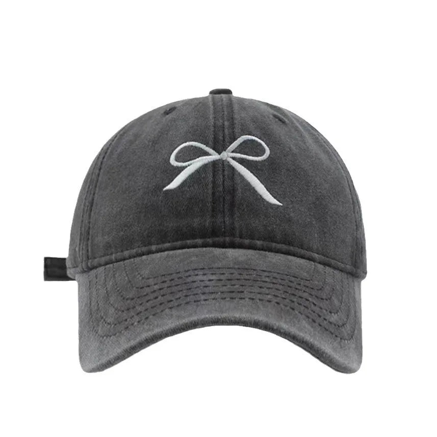 Women Bow Embroidered Washed Baseball Cap