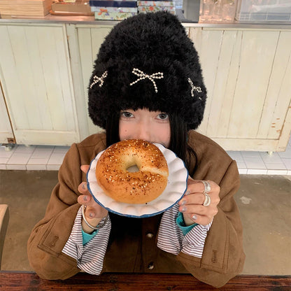 Metal Bow Plush Knitted Fur Bucket Hat