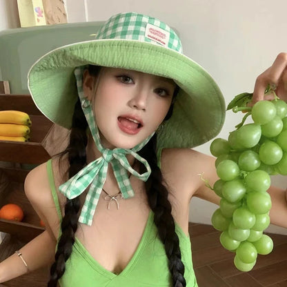 Double-Sided Plaid Lace-Up Bucket Hat Women