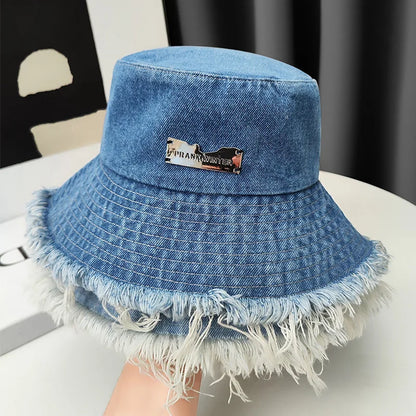 Washed Denim Tassel Wide Brim Bucket Hat