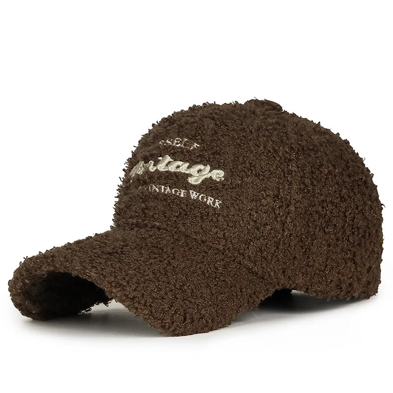 Lamb Plush Warm Embroidered Letter Baseball Hat