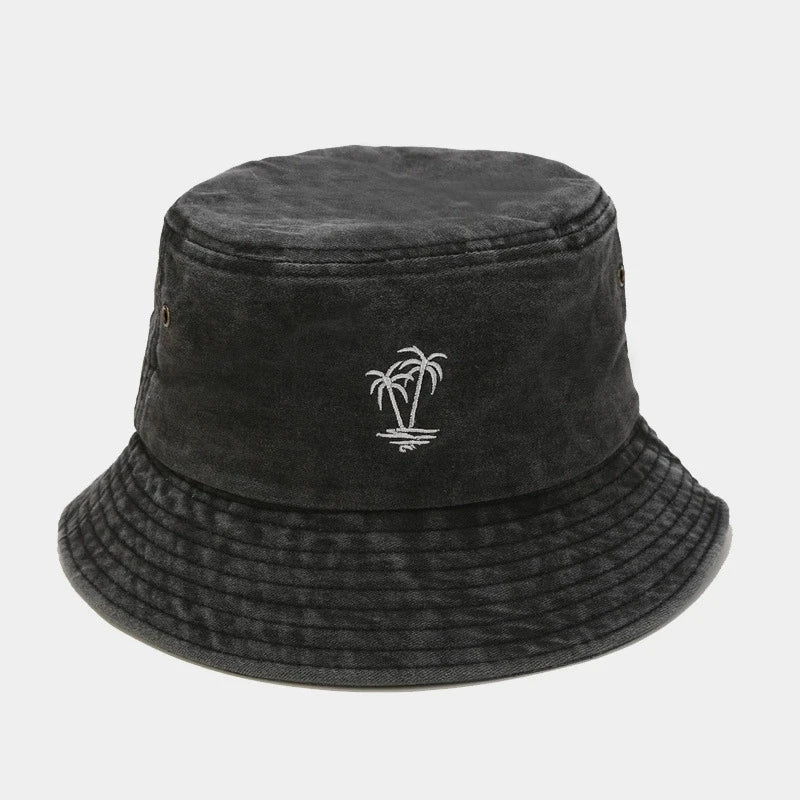 Vintage Washed Palm Tree Embroidery Outdoor Hiking Bucket Hat