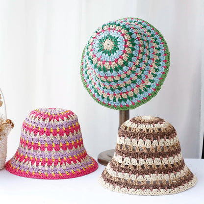 Womens Striped Rainbow Crochet Sun Bucket Hat