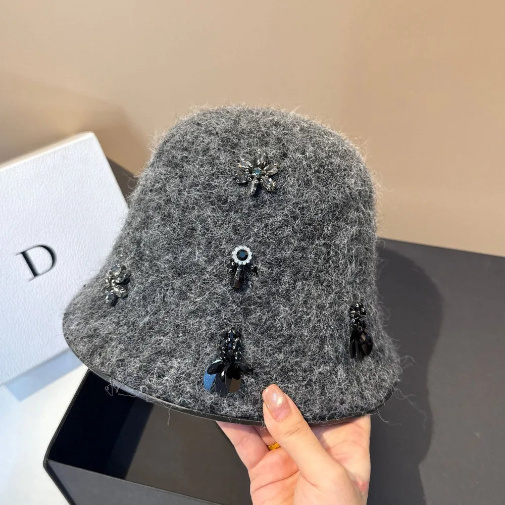 Korean Woolen Winter Bucket Hat with Rhinestone
