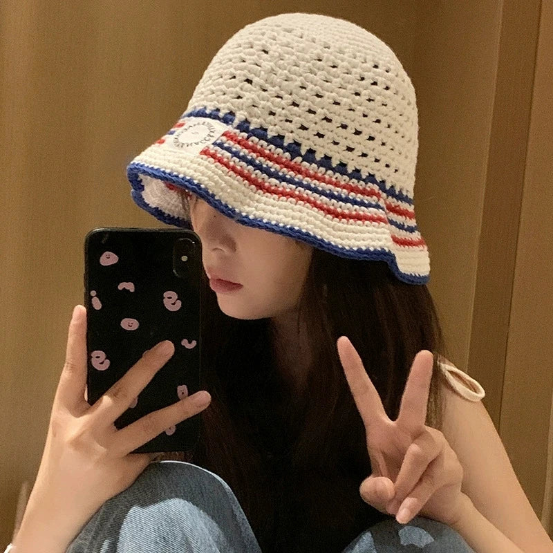 Korean Striped Breathable Summer Knitted Bucket Hat