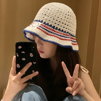 Korean Striped Breathable Summer Knitted Bucket Hat