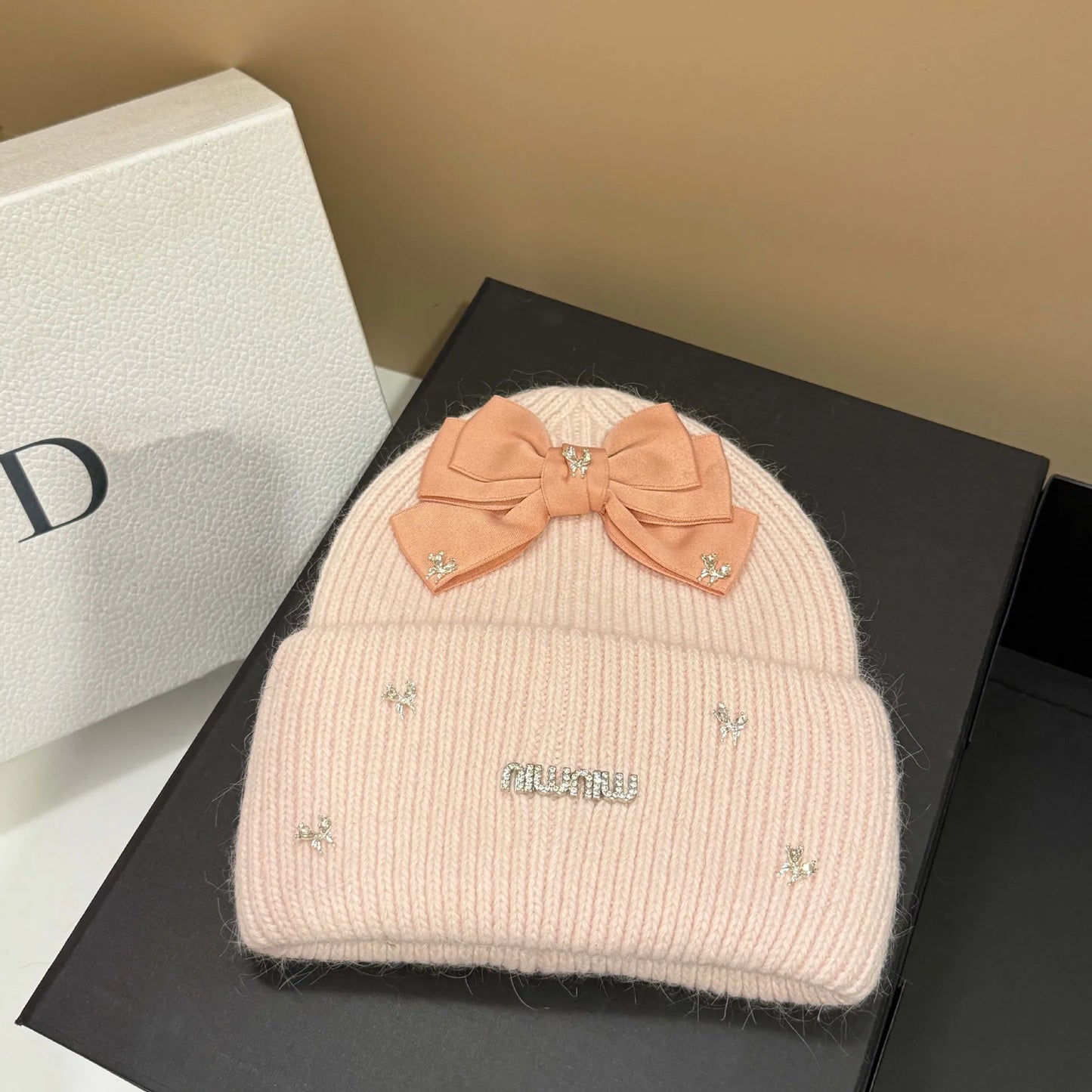 Luxury Rabbit Fur Knit Winter Beanie with Bow