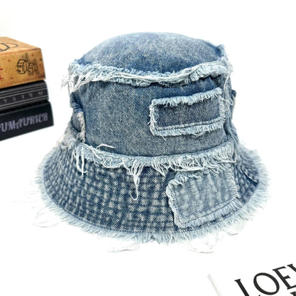 Korean Washed Denim Tassel Brim Bucket Hat