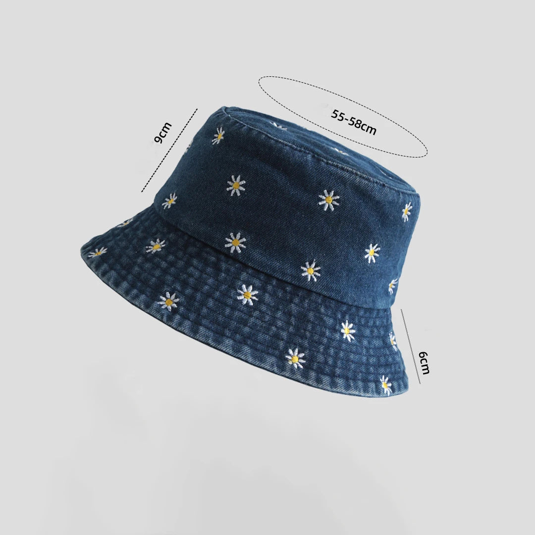 Unisex Daisy Embroidered Denim Bucket Hat