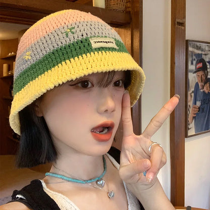 Sweet Cute Striped Flower Large Brim Bucket Hat