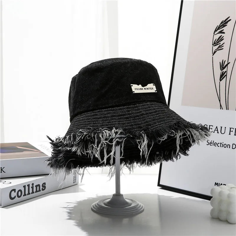 Washed Denim Wide Brim Bucket Hat