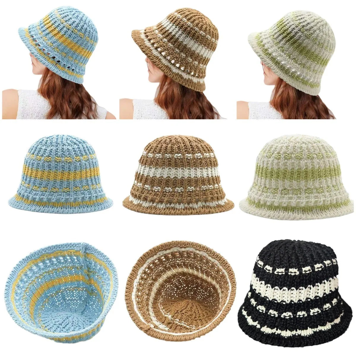 Two Tone Knitted Straw Summer Bucket Hat