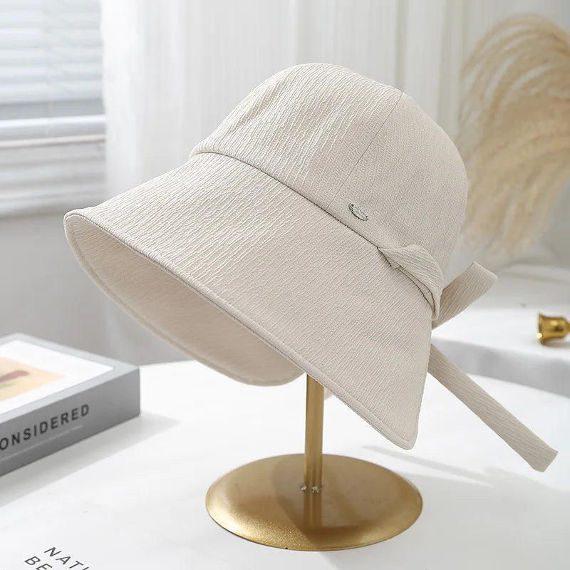 Korean Solid Color Bow Wide Brim Bucket Hat