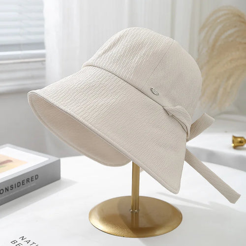 Korean Solid Color Bow Wide Brim Bucket Hat
