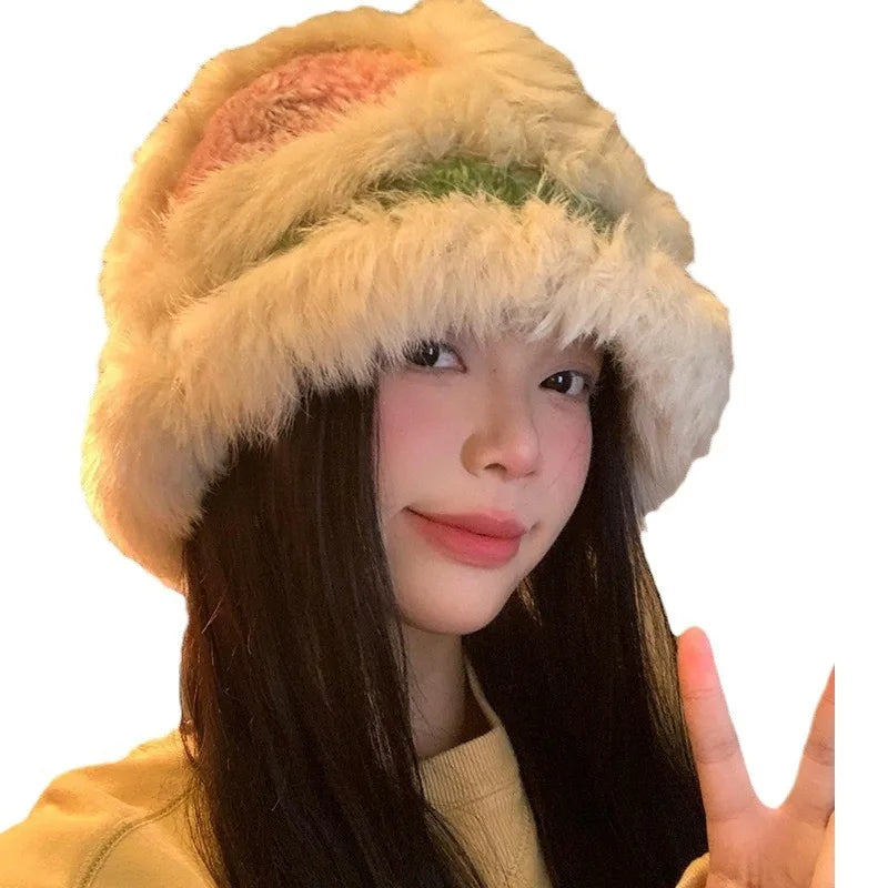 Colorful Rabbit Fur Winter Bucket Hat