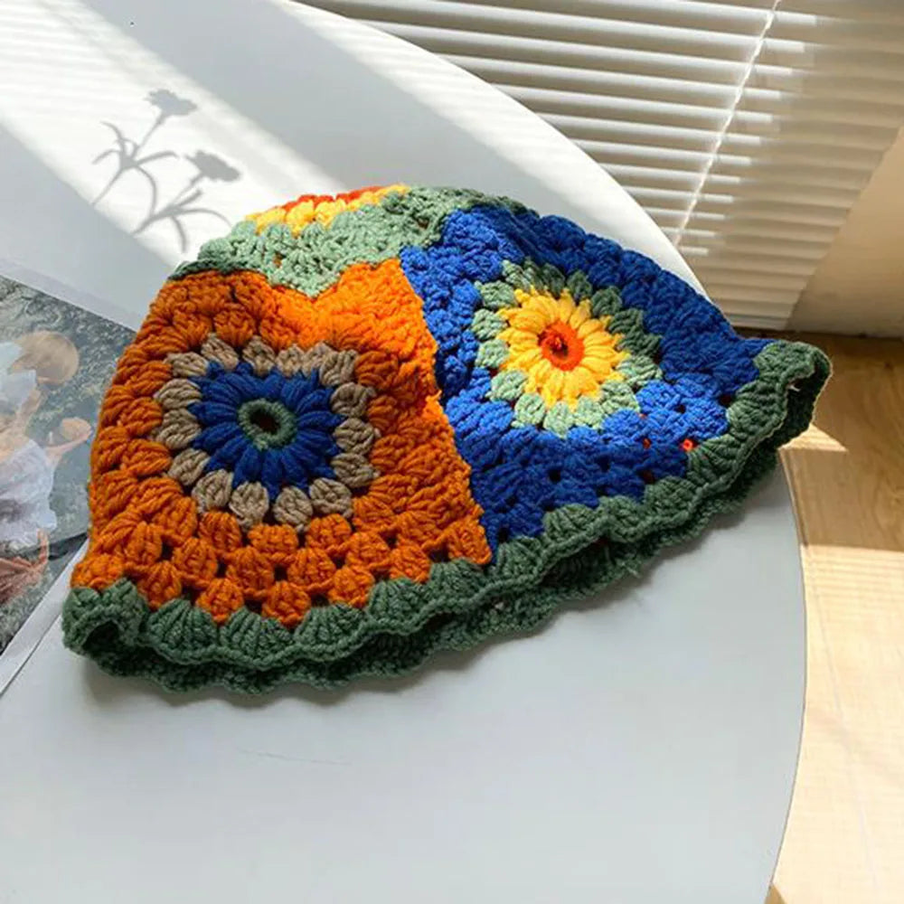 Korean Patchwork Handwoven Knitted Crochet Women Bucket Hat