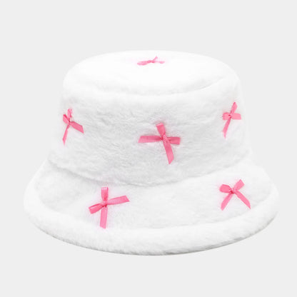 Literary Artistic Girlish Bow Plush Bucket Hat