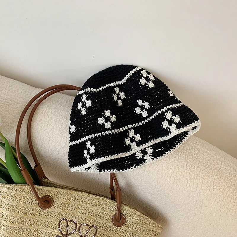 Korean Flower Crochet Handmade Panama Bucket Hat
