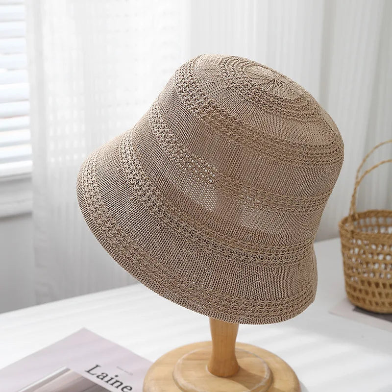 Spring Summer Hat Women Hollow Breathable Knitted Bucket Hat