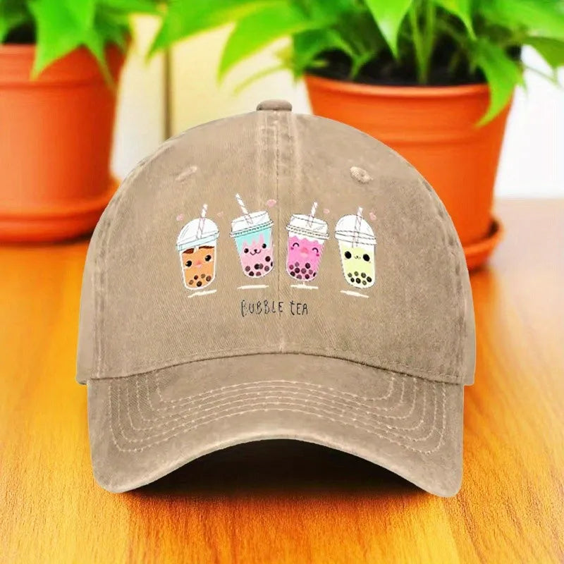 Cute Milk Tea Print Denim Baseball Cap