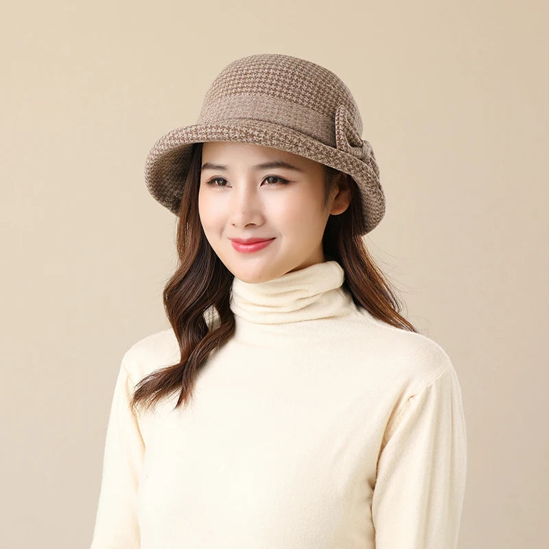 Women Houndstooth Bow Bucket Hat
