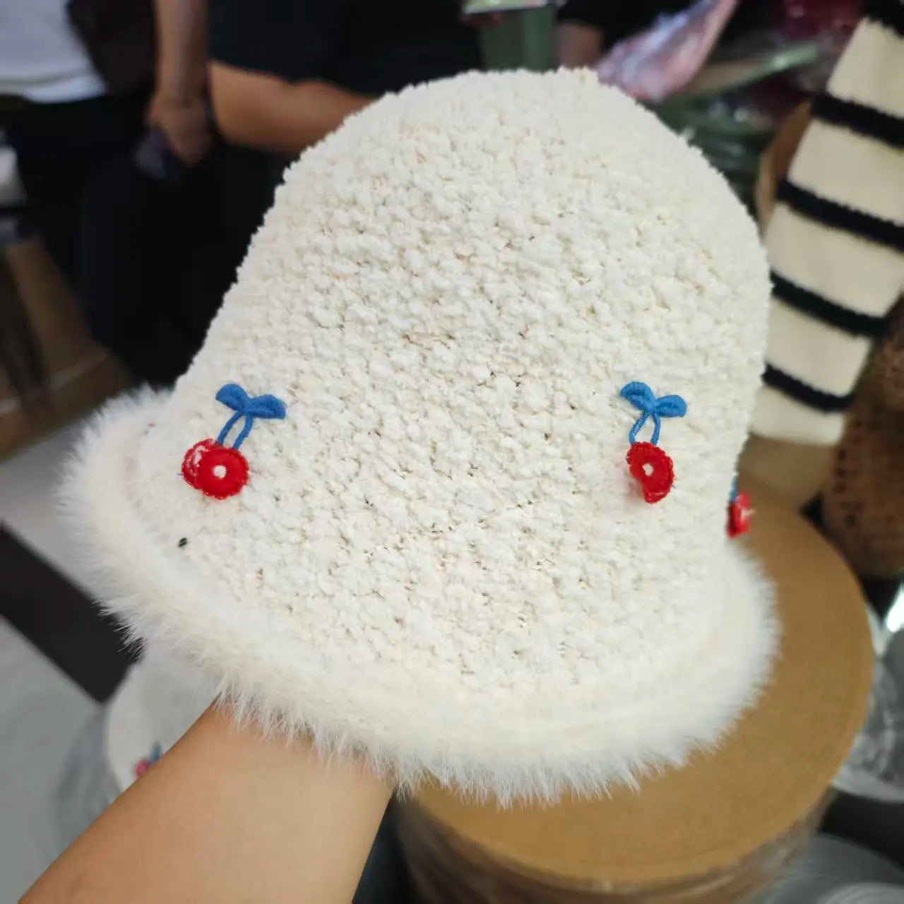 White Plush Cherry Winter Bucket Hat