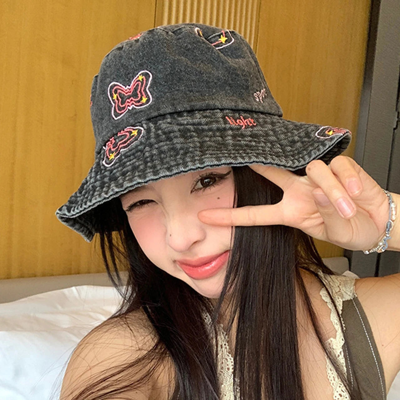 Butterfly Embroidered Washed Denim Wide Brim Bucket Hat
