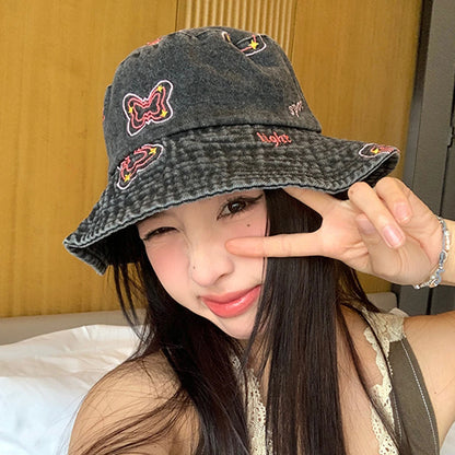 Butterfly Embroidered Washed Denim Wide Brim Bucket Hat