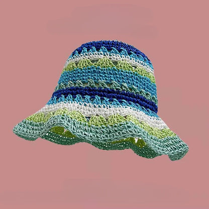 Seaside Colorful Striped Hollow Straw Bucket Hat