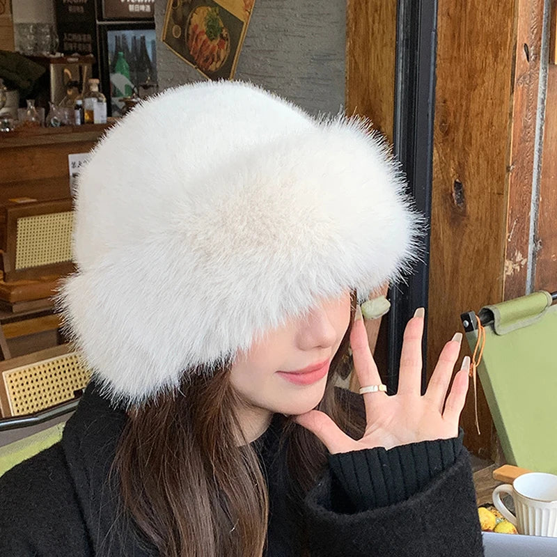 Designer Faux Fur Winter Bucket Hat Women Plush Fisherman Cap