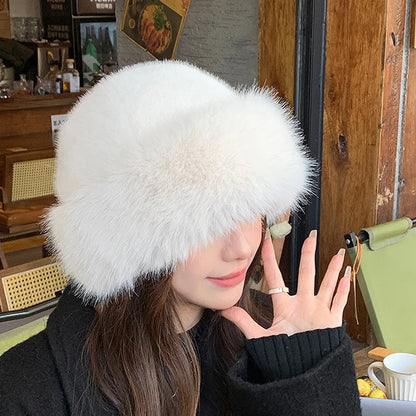 Designer Faux Fur Winter Bucket Hat Women Plush Fisherman Cap