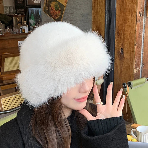 Designer Faux Fur Winter Bucket Hat Women Plush Fisherman Cap