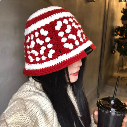 Korean Color Blocking Hand Crocheted Warm Bucket Hat