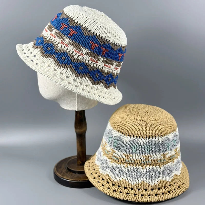 Summer Handmade Flower Straw Knit Breathable Bucket Hat
