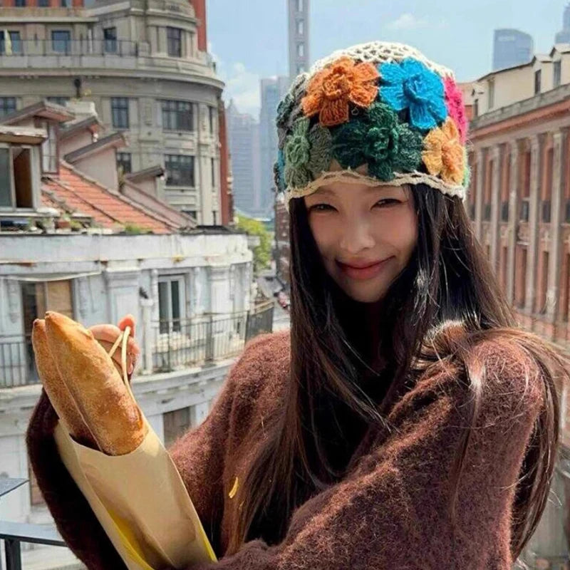 Japanese Artistic Colorful Flower Crochet Bucket Hat