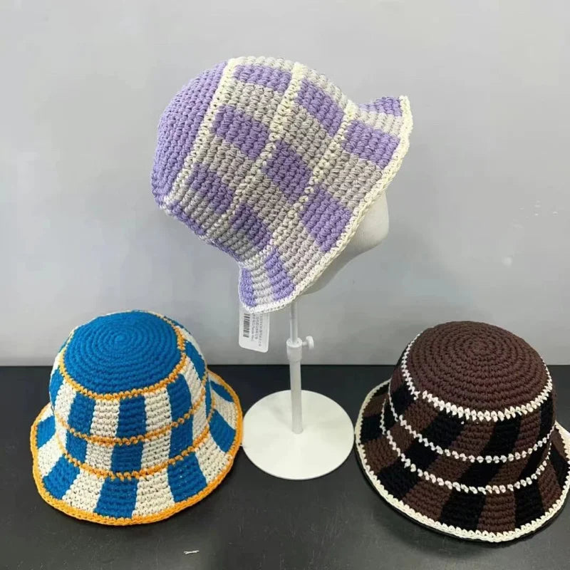 Japanese Korean Color Contrast Plaid Bucket Hat