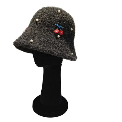 Pearl Cherry Lamb Wool Winter Bucket Hat