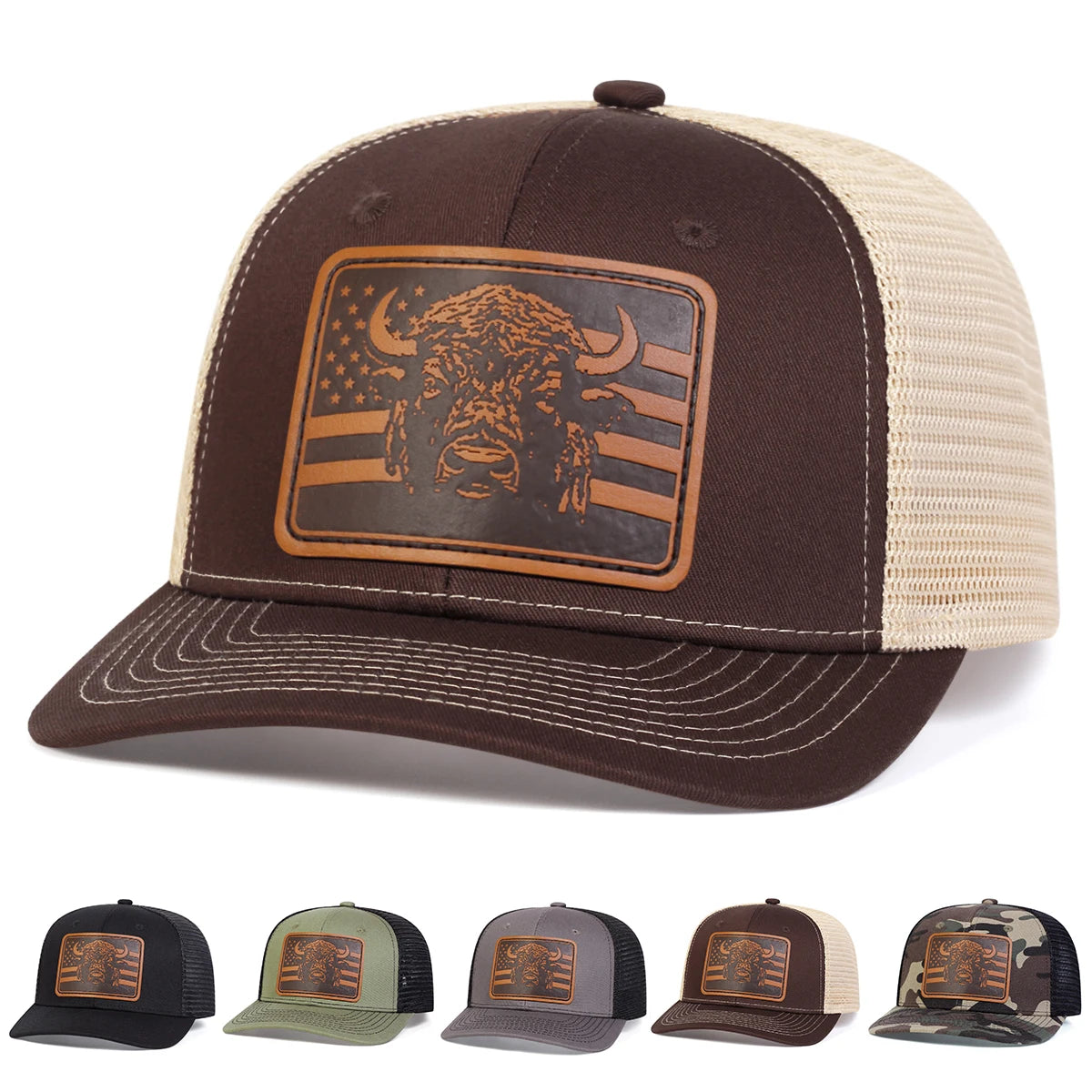 Unisex Brown Flag Bull Head Leather Label Baseball Net Caps