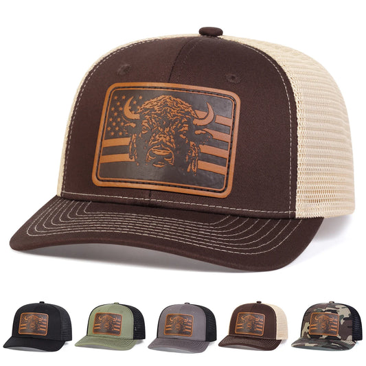 Unisex Brown Flag Bull Head Leather Label Baseball Net Caps