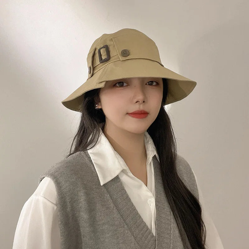 Designer Belt Buckle Bucket Hat Women Japanese Style Beach Sun Hat Sunscreen