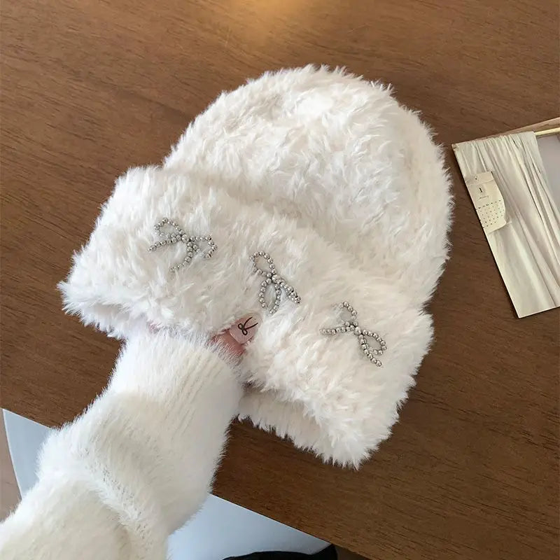 Metal Bow Plush Knitted Fur Bucket Hat