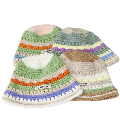 Vintage Handmade Knitted Woolen Winter Women Bucket Hat